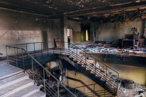 Stairs in a building that suffered fire damage